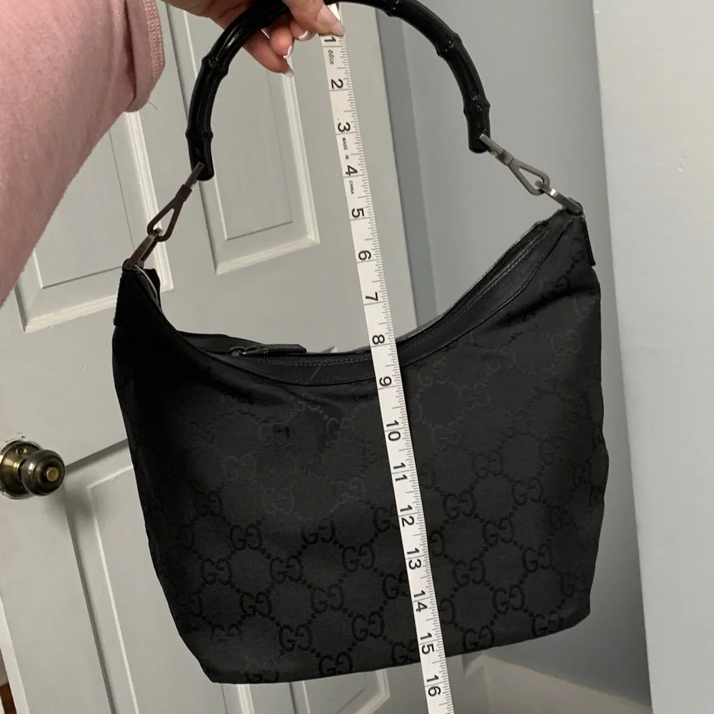 Authentic Gucci black leather and nylon jumbo GG hobo bag w bamboo handle